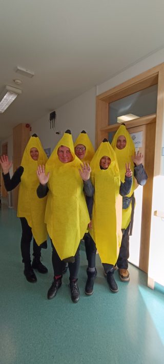 Posnetek pustnega rajanja v VDC Tončka Hočevar - skupinska slika mask banan