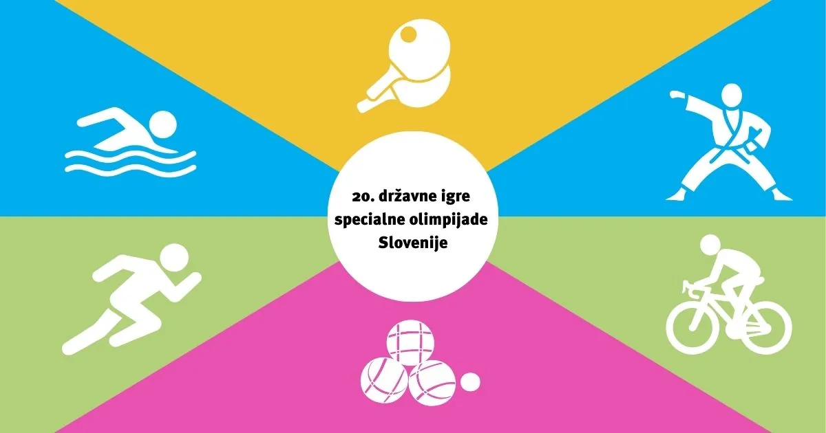 Na barvnem ozadju postavljene bele ikone šestih disciplin specialne olimpijade