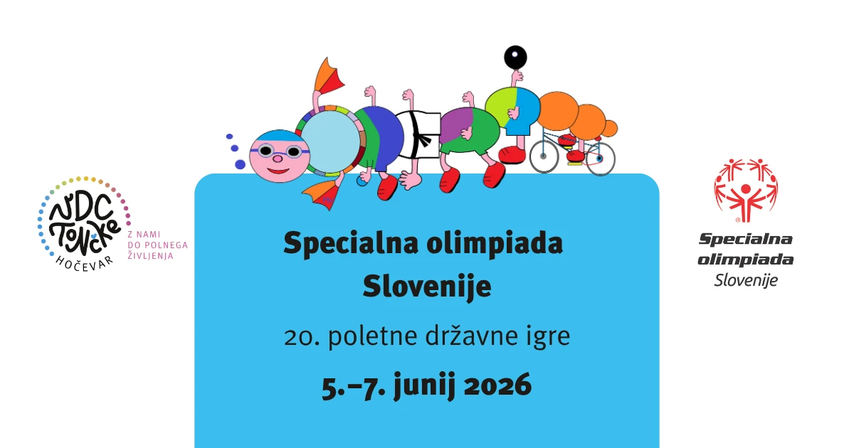 Prikazna slika z napisom Specialna olimpiada Slovenije, 20. poletne državne igre, 5. - 7. junij 2026 ter logotip VDC Tončke Hočevar, logotip Specialne olimpiade Slovenije in narisana gosenica, ki predstavlja vse olimpijske discipline