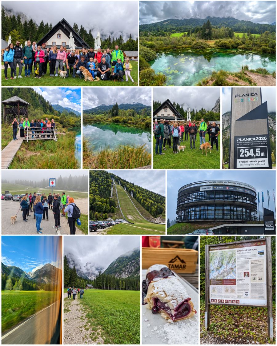 Kolaž fotografij s pohoda zaposlenih VDC Tončke Hočevar od Planice do Tamarja, z utrinki skupinskega druženja, gorske narave in znamenitosti Planice.