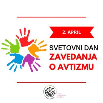 Na sliki je pet rok v krogu, vsaka drugačne barve in napis: 2. april svetovni dan zavedanja o avtizmu