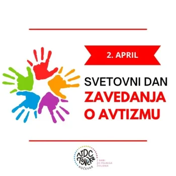 Na sliki je pet rok v krogu, vsaka drugačne barve in napis: 2. april svetovni dan zavedanja o avtizmu