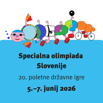 Prikazna slika z napisom Specialna olimpiada Slovenije, 20. poletne državne igre, 5. - 7. junij 2026 ter logotip VDC Tončke Hočevar, logotip Specialne olimpiade Slovenije in narisana gosenica, ki predstavlja vse olimpijske discipline