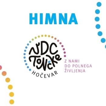 Moder napis himna in logotip VDC Tončke Hočevar, ob strani mavrični krogci